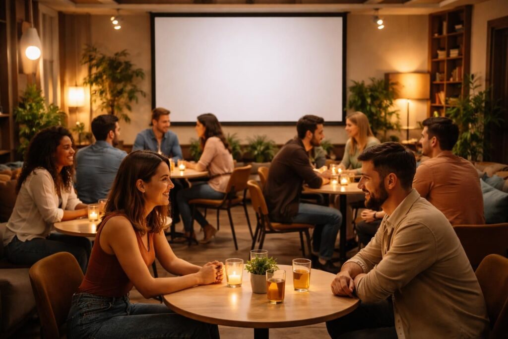 organisez une soirée speed-dating entre amis avec un écran de projection pour des rencontres conviviales et amusantes.